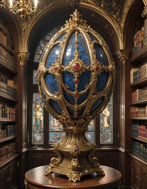 Digital illustration, a Fabergé egg displayed prominently in the library of a Russian tsar. This exquisitely crafted egg, adorned with precious gems and intricate gold filigree, stands on a pedestal surrounded by ornate bookshelves filled with leather-bound tomes. The library's architecture reflects opulent Tsarist Russia, with high ceilings, grand arches, and rich wood paneling. Soft light filters through a stained glass window, casting colorful patterns on the egg and illuminating its delicate craftsmanship. The setting is serene and majestic, encapsulating the luxurious and historical essence of the period, where art and literature meet in the heart of a tsar's private sanctum.Masterpiece,best quality,hi res,8k,hi res,8k,award winning,(sharp focus, intricate, highly detailed), <lora:extremely_detailed:0.8> extremely detailed