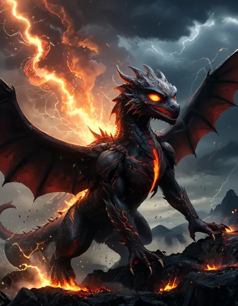dragon, red scales, solo, flying over volcanos, lava, open black wings, large horns, globulous eyes, yellow eyes, full body, (lightning shower:1.6), photorealistic, amazing quality, ultra realistic, 3D, HD, best quality, amazing quality, very aesthetic, absurdres, <lora:extremely_detailed:2> extremely detailed