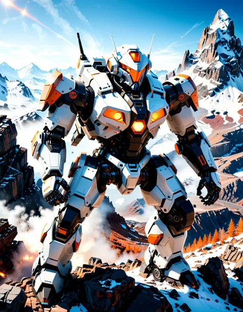 sci-fi style Wide angle digital illustration, (Large combat robot on rocky mountain:1.3), Triangular composition, White robot with gray-black accents, Complex mechanical details, Visible pistons and cables, (Enormous multi-barrel cannon on right shoulder:1.3), Black tubes with orange tips, Snow-capped peaks backdrop, Rocky terrain with fog, Atmospheric drama, Clear blue sky, Natural daylight, Crisp shadows., futuristic, technological, space themes, advanced civilizations, light leaks, lens flares