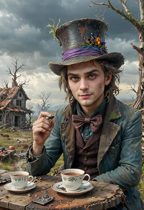 In this scene, the Mad Hatter from "Alice in Wonderland" is depicted in a state of disarray. His colorful, mismatched attire is tattered and dirty, and his iconic hat is worn and frayed. He sits at a table set for a tea party, but the cups and saucers are cracked and chipped, and the teapot is rusted and dented. The background shows a post-apocalyptic landscape, with crumbling buildings and twisted, dead trees. The sky is a dull, ashen color, with no sign of life or hope. Despite the bleakness of his surroundings, the Mad Hatter wears a wistful smile, as if reminiscing about better days long gone