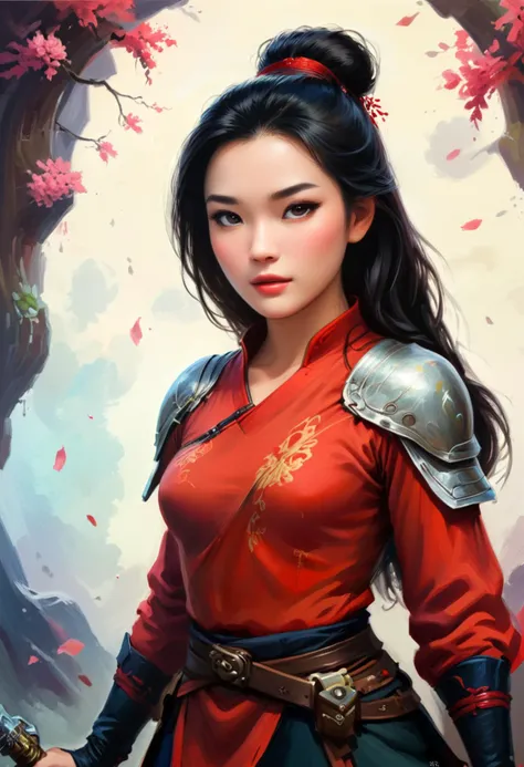 oil painting, illustration, Mulan, dungeons and dragons style