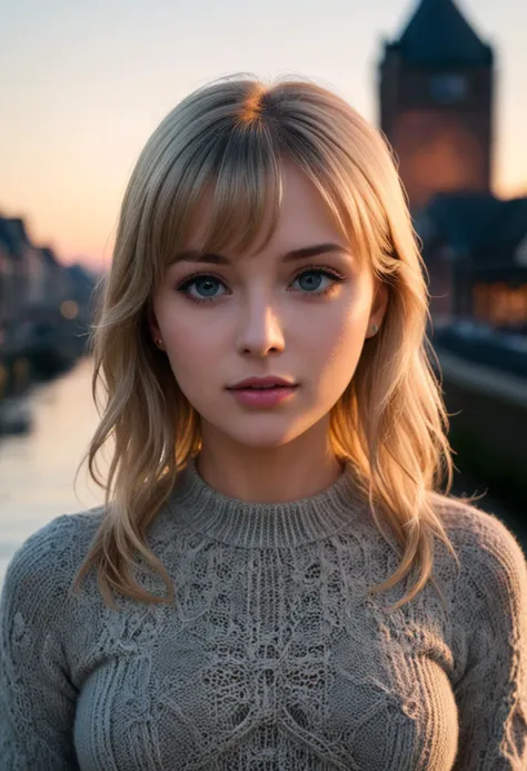 1girl, Close-up, (beautiful girl, make up), (Age 25), (happy, light blonde hair, lips, parted bangs, London, England, dusk:1.2), , HD, lens flare, cable knit sweater, pleated skirt, and loafers, looking at viewer, (RAW Photo, cg unity, photography, ultra realistic details, sharp focus, detailed skin,4k, high-res, masterpiece, best quality:1.1), (realistic, photo-realistic:1.37) (8k,4k, UHD, high resolution, professional, cinematic, movie, dramatic, noise), (detailed background:1.25), bokeh anamorphic depth of field blur background