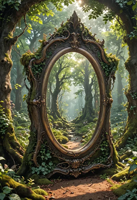 (masterpiece), (best quality), (ultra-detailed), cinematic still turn back time with a magic mirror in a mysterious enchanted forest.