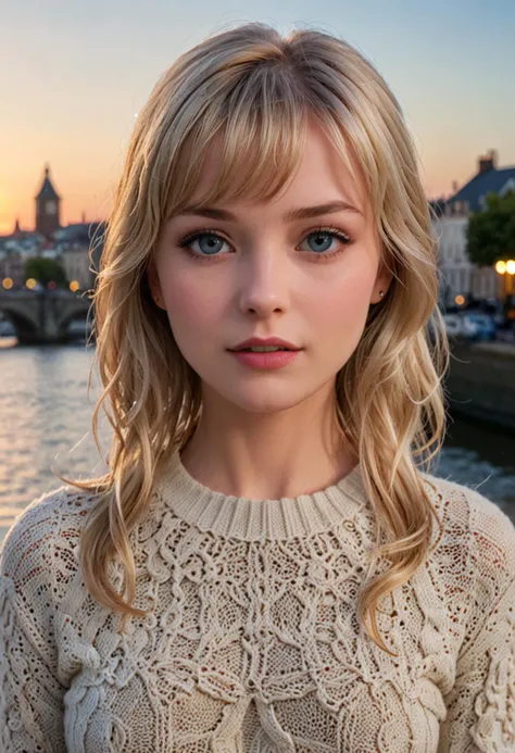 1girl, Close-up, (beautiful girl, make up), (Age 25), (happy, light blonde hair, lips, parted bangs, London, England, dusk:1.2), , HD, lens flare, cable knit sweater, pleated skirt, and loafers, looking at viewer, (RAW Photo, cg unity, photography, ultra realistic details, sharp focus, detailed skin,4k, high-res, masterpiece, best quality:1.1), (realistic, photo-realistic:1.37) (8k,4k, UHD, high resolution, professional, cinematic, movie, dramatic, noise), (detailed background:1.25), bokeh anamorphic depth of field blur background