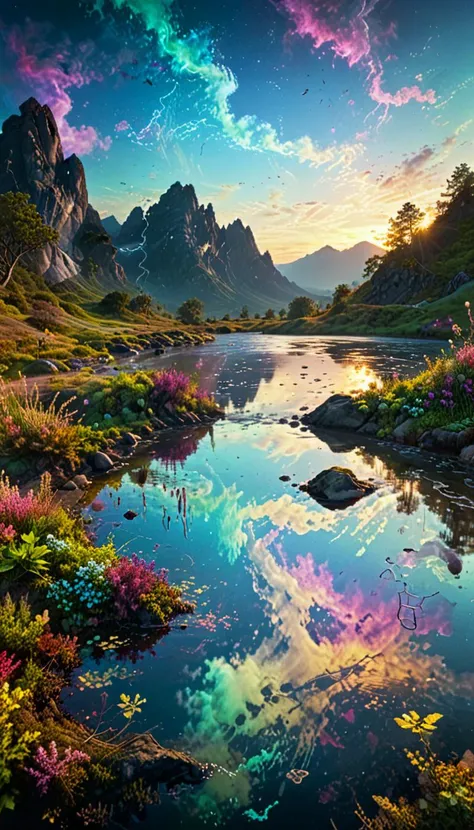 ethereal fantasy concept art of  photography,(vibrant colors:0.8), a fantastic landscape at night covered in magical plantlife, (quantum waveform:0.7) . magnificent, celestial, ethereal, painterly, epic, majestic, magical, fantasy art, cover art, dreamy