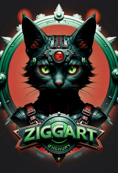 logo, vector, black, red, green, (TEXT: "ZIGGART"), mystic fantasy cyberpunk steampunk cat, detailed.