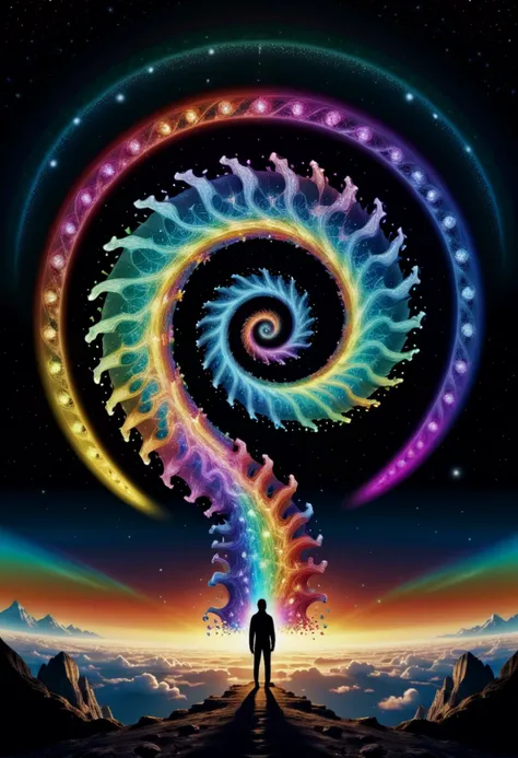 By Alexander Jansson | | Amazing breathtaking surrealism, optical illusion surreal image of an intricate glowing never-ending HUGE VIBRANT BRIGHT spiral SPIRALING rainbow portal made of stars constellations crystals and colorful rainbow glitter with cities and fossils built into it! ! bioluminescent crystals all over the place, leading into a starry galaxy, a silhouette of_a_man_is_walking_in_it, super colorful, hyperdetailed, intricate, spiral multiverse, continuous spiral pattern, space, stars, intricate, highly detailed, 8k, radiant. vibrant, Masterpiece, (32k), perfect anatomy, enhanced resolution, best quality, enhanced details, best artist, sharp edges, detailed textures, ((full body shot)), atmospheric lighting, visually stunning, perfect composition, trending on behance.
