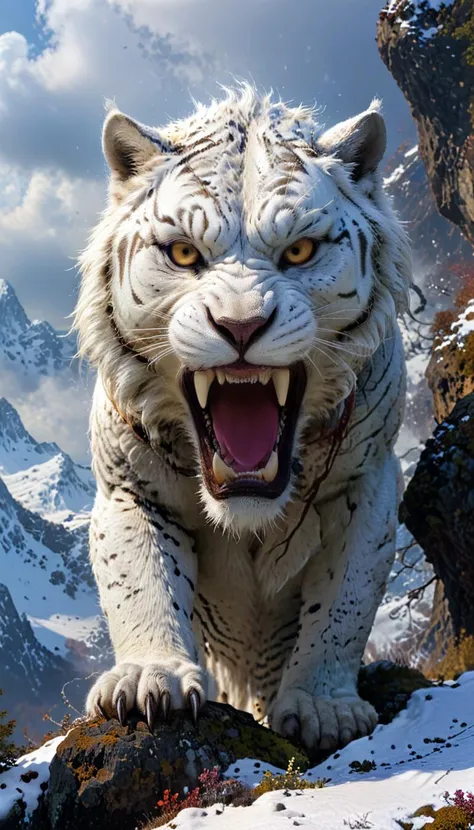 divinity's creature a upscale, a white and black tiger, majestic, fierce, roaring, looking at the viewer, hyperrealistic, fantasy, angry, in a snowy mountain, standing on a cliff, highly detailed body, super realistic, hi_res, absurd detailed, very detailed face, of snow, like a cruel portrait on a fateful eve, detailed, high resolution, eerie, atmospheric, foreboding