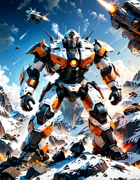 sci-fi style Wide angle digital illustration, (Large combat robot on rocky mountain:1.3), Triangular composition, White robot with gray-black accents, Complex mechanical details, Visible pistons and cables, (Enormous multi-barrel cannon on right shoulder:1.3), Black tubes with orange tips, Snow-capped peaks backdrop, Rocky terrain with fog, Atmospheric drama, Clear blue sky, Natural daylight, Crisp shadows., futuristic, technological, space themes, advanced civilizations, light leaks, lens flares
