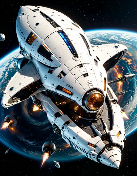 Masterpiece,best quality,hi res,8k,hi res,8k,award winning,(sharp focus, intricate, highly detailed),(colossal minuscule white spaceship) with reflective-chrome hull, antimatter propulsion, sleek aerodynamic design,robust armored plating, alien glyphs, set in using a wormhole for rapid travel across the galaxy, the spaceship emerging far from its original location, during a cosmic storm