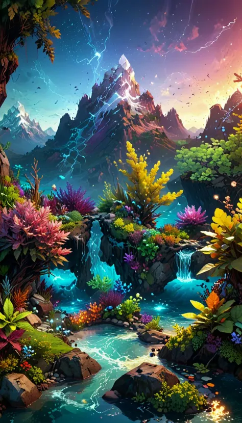 low-poly style photography,(vibrant colors:0.8), a fantastic landscape at night covered in magical plantlife, (quantum waveform:0.7) . low-poly game art, polygon mesh, jagged, blocky, wireframe edges, centered composition