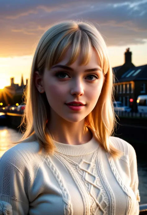 1girl, Close-up, (beautiful girl, make up), (Age 25), (happy, light blonde hair, lips, parted bangs, London, England, dusk:1.2), , HD, lens flare, cable knit sweater, pleated skirt, and loafers, looking at viewer, (RAW Photo, cg unity, photography, ultra realistic details, sharp focus, detailed skin,4k, high-res, masterpiece, best quality:1.1), (realistic, photo-realistic:1.37) (8k,4k, UHD, high resolution, professional, cinematic, , dramatic, noise), (detailed background:1.25), bokeh anamorphic depth of field blur background