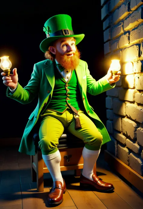 , Traditional Irish illustrations, Reverent (during religious observances), Leprechaun outfit, Buckle shoes, Green coat, Hat, Leprechaun figures, Storytelling (Irish myths and legends), , Green spotlights