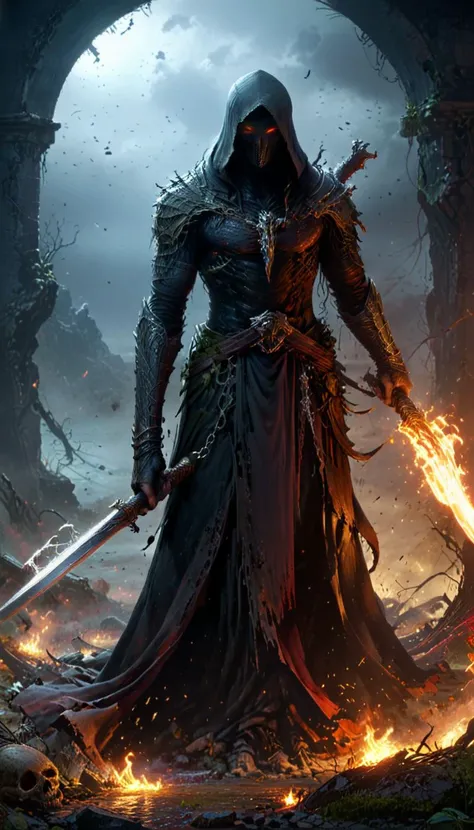 god of death, Death Scythe, corpses and blood on the ground, epic, ((dark fantasy, horror)), best quality, digital art ,realistic style,