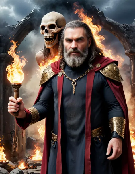 score_9, score_8_up, score_7_up, score_6_up, (golden ratio:1.5), (rating safe:1.8), full body, horror ambiance, dark colors, (1men), (solo), (old), (age 80), evil wizard, aggressive expression, diabolic eyes, (long beard, very long beard, extra long beard, gray beard):1.8, (3 foot beard:1.6), long hair, extra long hair, gray hair, long dark wizard cape, (intriguing black robe, gold ornements, red leather high epaulettes, wizard runes):1.8, (jewels:1.4), (wizard's long staff, end of the staff decorated with a crystal skull):1.6, (casting:1.6), battlefield, Command Tent, Canvas flaps billowing, maps spread across a wooden table, flickering lanterns casting shadows on strategists huddled in discussion, the scent of ink and parchment lingering in the air, masterpiece, semi_realistic, best quality, hi res, 4k, absurdes, highly detailed background, highly detailed landscape,