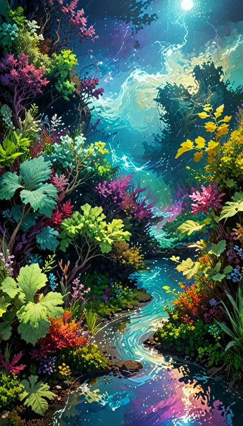 comic photography,(vibrant colors:0.8), a fantastic landscape at night covered in magical plantlife, (quantum waveform:0.7) . graphic illustration, comic art, graphic novel art, vibrant, highly detailed