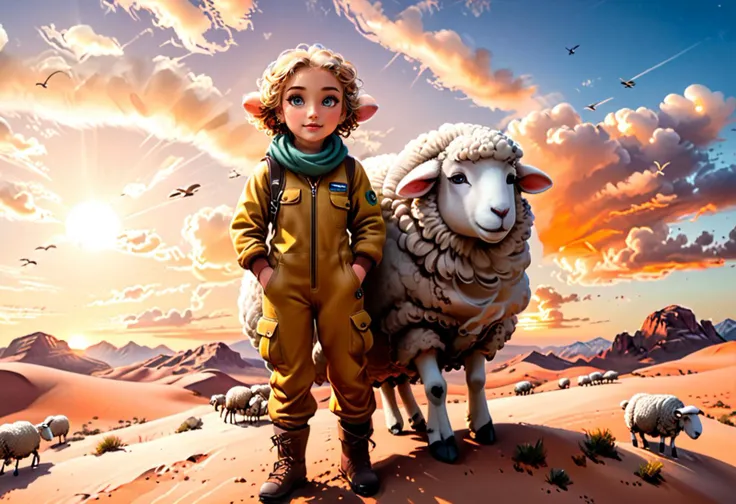 score_9, score_8_up, score_7_up,Wide angle digital illustration,(Blonde curly-haired 1boy:1.3), Loose green outfit, Yellow belt, Floating scarf, Curious expression, (Kneeling aviator:1.2), Brown flight suit, Fur collar, Leather pilot helmet, Aviator goggles on forehead, Surprised and curious look,(big sheep:3), Adding innocence to scene (Sunset in endless desert:1.3), Golden ratio composition, Sweeping sand dunes, Desert stretching infinitely, (Shades of pink, orange, and yellow:1.2), Worn biplane at center, Resting on sand, , (Soft sunset light:1.3), Serene and magical atmosphere.amazing quality, ultra realistic, 3D, HD, best quality, amazing quality, very aesthetic, absurdres