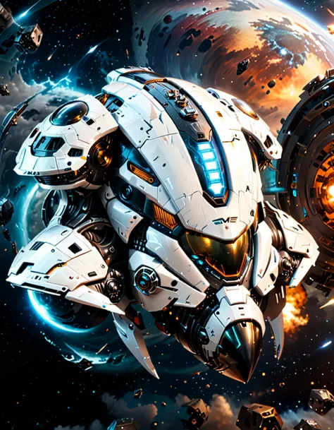 Masterpiece,best quality,hi res,8k,hi res,8k,award winning,(sharp focus, intricate, highly detailed),(colossal minuscule white spaceship) with reflective-chrome hull, antimatter propulsion, sleek aerodynamic design,robust armored plating, alien glyphs, set in using a wormhole for rapid travel across the galaxy, the spaceship emerging far from its original location, during a cosmic storm