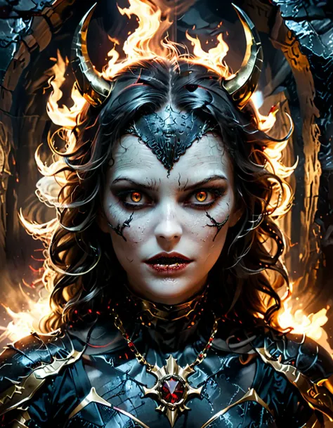horror-themed Wide angle digital illustration, (Demonic female character with dark ash-gray face:1.3), Symmetrical composition, Cracked stone texture, Golden veins, (Red luminescent eyes:1.3), Several twisted horns, Intricate golden metallic details, (Golden veins on neck and shoulders:1.2), Gothic architectural background, Bluish light from top center, (Ominous atmosphere:1.2), Deep shadows, Highlighted facial features, Sinister expression, Realistic digital art, Fantastic influence, eerie, unsettling, dark, spooky, suspenseful, grim, highly detailed