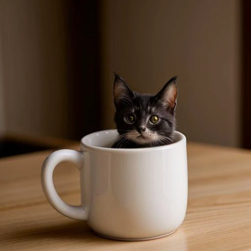 Cat in a mug, reaching claws toward viewer, adorable kitten, small cat, fluffy fur<lora:LCM 1.5:1.0>