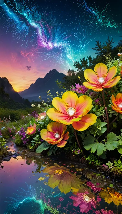 photography,(vibrant colors:0.8), a fantastic landscape at night covered in magical plantlife, (quantum waveform:0.7)