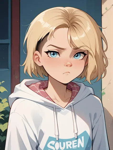 score_9,score_8_up,score_7_up,score_6_up,score_5_up,score_4_up,
1girl, solo, pretty, slim, slender, petite, asymmetrical hair, side cut hair, gwenstacysdxl, blonde hair, blue eyes, hoodie, looking at viewer, pouting, bored,
 <lora:NoctFlatStyleV4:1>
 <lora:GwenstacySDXL:1>
 <lora:1StS_age_slider_v1_initial_release2:-4>