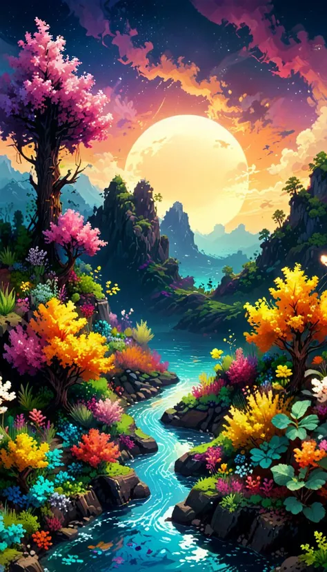 pixel-art photography,(vibrant colors:0.8), a fantastic landscape at night covered in magical plantlife, (quantum waveform:0.7) . low-res, blocky, pixel art style, 8-bit graphics