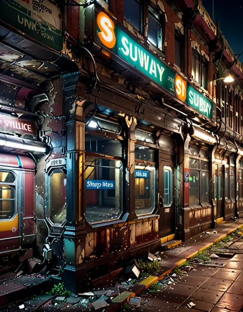 A nostalgic unused subway station, still, featuring crumbling facades, harsh fluorescent lights, broken windows,shadows cast on walls, at night,
Masterpiece,best quality,hi res,8k,hi res,8k,award winning,(sharp focus, intricate, highly detailed),