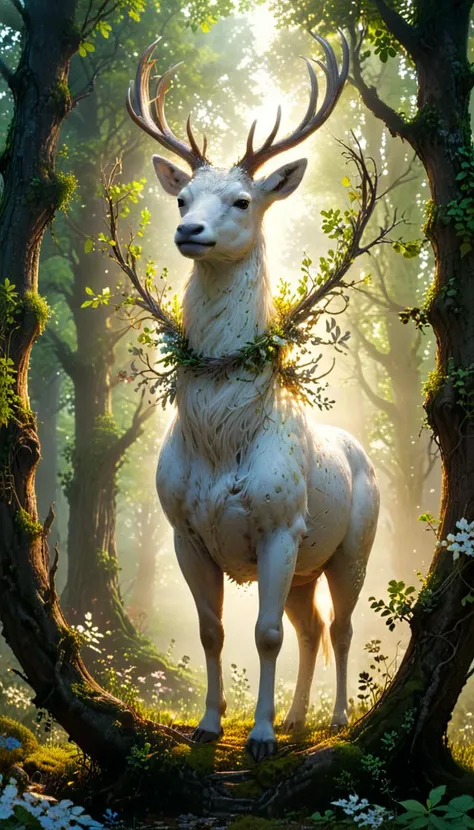 (golden ratio:1.2)(fibonnacci:1.8),hyper realistic, a majestic white stag with golden antlers standing in a sunlit clearing, surrounded by ethereal forest spirits, glowing flora, magical atmosphere