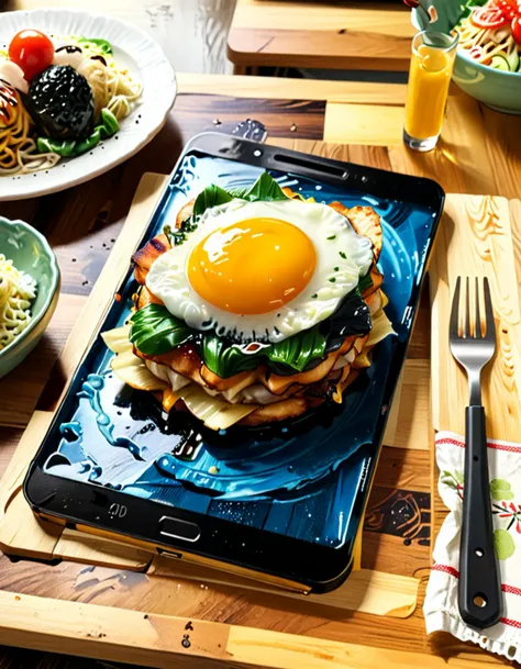 Wide angle realistic painting, (Several okonomiyakis cooking on teppanyaki:1.3), Balanced composition, Golden brown okonomiyaki, Green garnishes, (Mayonnaise zigzag on sliced okonomiyaki:1.2), Partially cleaned metal grill, Cooking residues, Two metal spatulas, Wooden handles, (Spatulas with residues:1.2), Person eating in background, Blue and white striped shirt, Holding fork, Plate with okonomiyaki, (Glass of water:1.2), Black phone on light wood table, Crumpled paper napkin, Warm soft lighting, Cozy ambiance.amazing quality, ultra realistic, 3D, HD, best quality, amazing quality, very aesthetic, absurdres