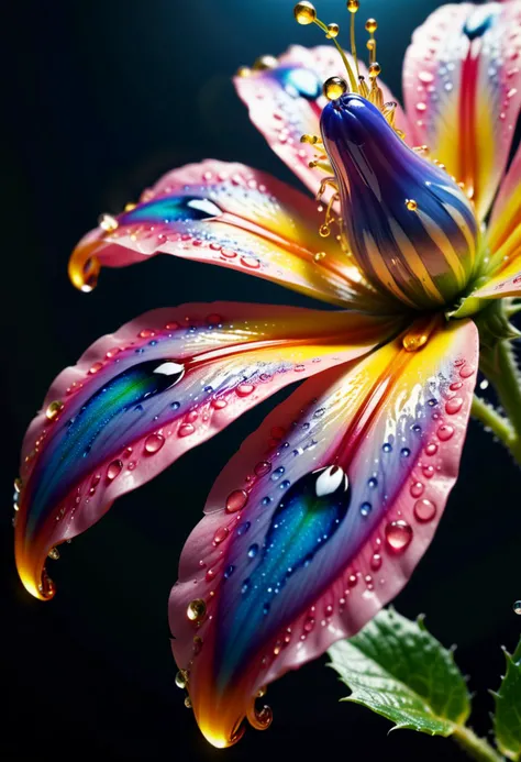 macro photo, AWESOME sparkling magical fantasy cosmic glass flower, dewdrop, Heavenly, beautiful, ultra detailed, ultimate details, amazing details, super sharp details, masterful, (masterpiece:1.2), intricate details, best quality, high quality, rich vibrant vivid colors, ultra high res, cinematic still, 4k, 8k uhd, extremely intricate, extremely detailed, amazing, fine detail, high resolution, perfect, wonderful, ultrarealistic, photorealistic glowing, shine, shiny
