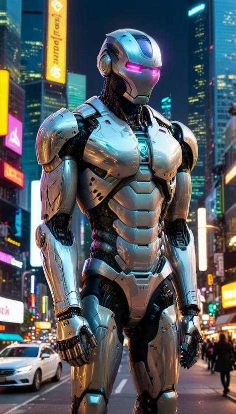 (sleek robot), chrome versatile modular system, robotic faceplate, holographic projector, set in a bustling cityscape, with skyscrapers, neon lights, advanced transportation systems