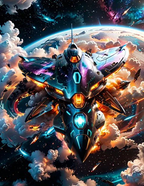 Masterpiece,best quality,hi res,8k,hi res,8k,award winning,(sharp focus, intricate, highly detailed),(streamlined gigantic camouflaged spaceship) with carbon-fiber hull, ion thrusters, sleek aerodynamic design,aerodynamic fins, ethereal auras,communication dishes,alien glyphs, set in a radiant nebula, with vivid colors and swirling patterns, the spaceship cutting through the luminescent clouds