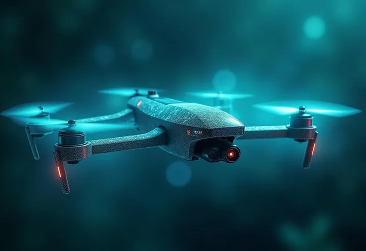 Shot from the side, it is a Biochemical drone with intricate bioluminescent patterns, motion blur, and an impression of high speed. The scene is a masterpiece with deep focus and studio lighting, reminiscent of a League of Legends Splash Art. The drone is hyper-detailed, set against an arcadian backdrop, with a spotlight emphasizing its sleek design.