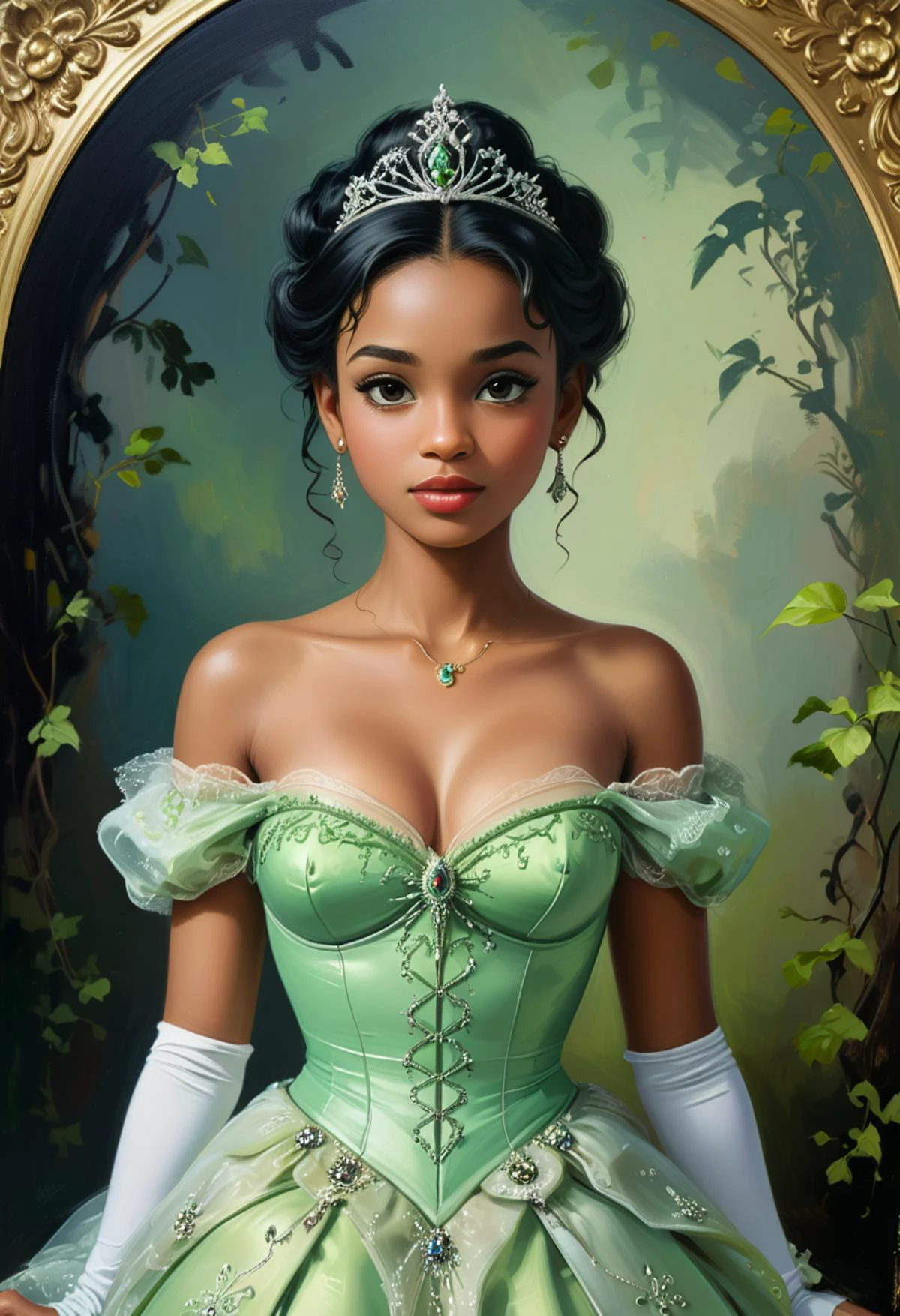 masterpiece, oil painting of Disney Princess Tiana, in the style gothic