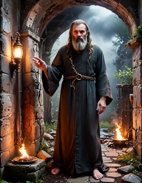 score_9, score_8_up, score_7_up, score_6_up, (golden ratio:1.5), (rating safe:1.8), full body, horror ambiance, dark colors, (1men), (solo), (old), (age 80), evil wizard, aggressive expression, diabolic eyes, (long beard, very long beard, extra long beard, gray beard):1.8, (3 foot beard:1.6), long hair, extra long hair, gray hair, long dark wizard cape, (intriguing black robe, gold ornements, red leather high epaulettes, wizard runes):1.8, (jewels:1.4), (wizard's long staff, end of the staff decorated with a crystal skull):1.6, (casting:1.6), set in Escape Tunnel, narrow passageway with rough-hewn walls, dimly lit with flickering bulbs, old support beams, a rusty ladder leading up, the faint sound of dripping water, electrical sparks, at night, masterpiece, semi_realistic, best quality, hi res, 4k, absurdes, highly detailed background, highly detailed landscape,