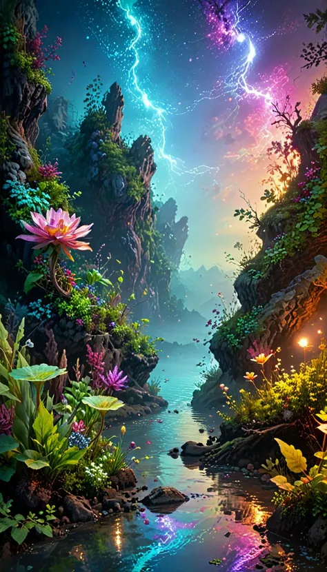 concept art photography,(vibrant colors:0.8), a fantastic landscape at night covered in magical plantlife, (quantum waveform:0.7) . digital artwork, illustrative, painterly, matte painting, highly detailed