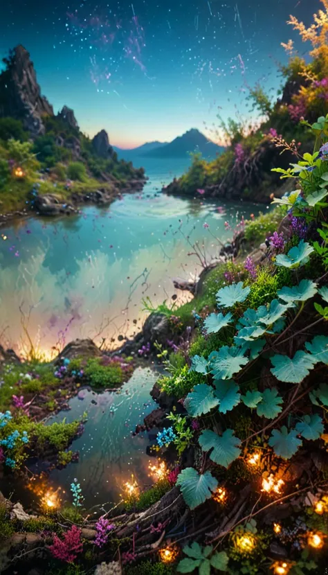 cinematic film still photography,(vibrant colors:0.8), a fantastic landscape at night covered in magical plantlife, (quantum waveform:0.7) . shallow depth of field, vignette, highly detailed, high budget, bokeh, cinemascope, moody, epic, gorgeous, film grain, grainy