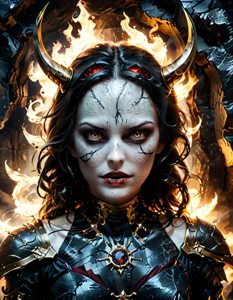 horror-themed Wide angle digital illustration, (Demonic female character with dark ash-gray face:1.3), Symmetrical composition, Cracked stone texture, Golden veins, (Red luminescent eyes:1.3), Several twisted horns, Intricate golden metallic details, (Golden veins on neck and shoulders:1.2), Gothic architectural background, Bluish light from top center, (Ominous atmosphere:1.2), Deep shadows, Highlighted facial features, Sinister expression, Realistic digital art, Fantastic influence, eerie, unsettling, dark, spooky, suspenseful, grim, highly detailed
