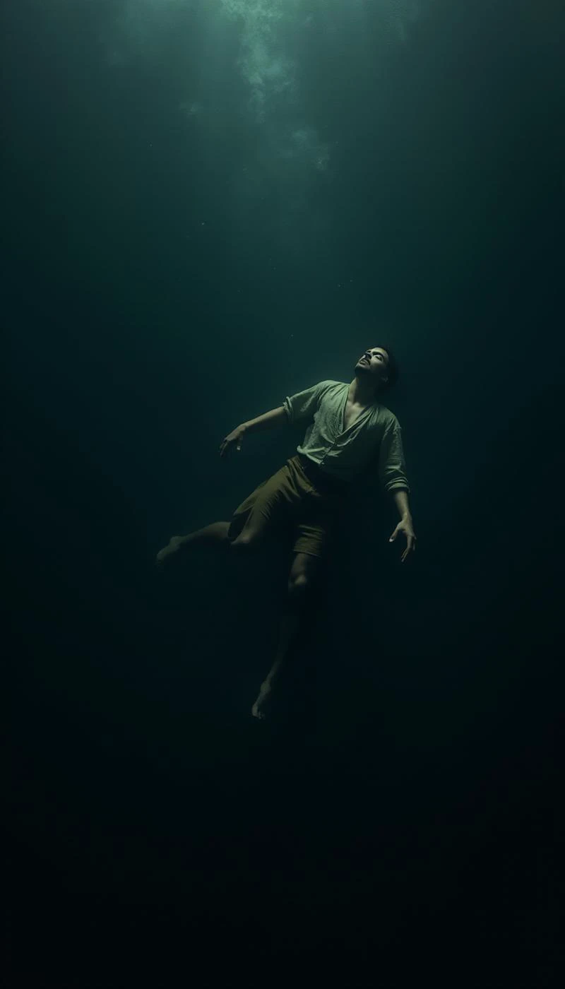 A man floating alone in the dark depths of the sea,pirate costume, enveloped by an overwhelming sense of sorrow and emptiness. The scene is dimly lit, with only faint, eerie light filtering through the water, barely illuminating his figure. The vast, inky blackness of the deep sea surrounds him, emphasizing the profound sense of isolation and nothingness. His body appears almost weightless, suspended in the water, with his arms slightly outstretched as if reaching for something unattainable. The dark, muted colors and soft shadows add to the atmosphere of despair, capturing the haunting stillness and the man's deep emotional pain.