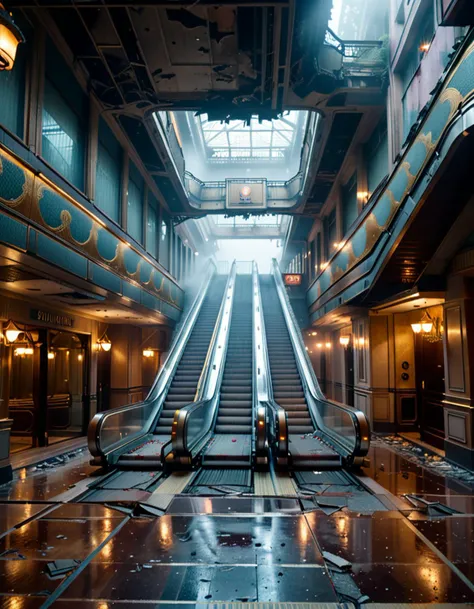 A disorienting deserted hotel, misty, featuring broken escalators, crumbling facades, dimly lit, creaking floors,empty hallways, at dawn,
Masterpiece,best quality,hi res,8k,hi res,8k,award winning,(sharp focus, intricate, highly detailed),
