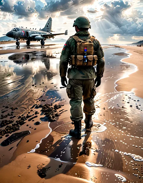 Wide angle black and white photo, (Soldier standing on beach:1.3), Natural light composition, Uniformed soldier, Helmet, Large backpack, Slight forward lean, Small sacoche on belt, (Insignia on left arm:1.2), Background military plane, Landing or taking off, Distant soldiers marching, Muddy beach, Visible puddles, Footprints, Horizon with hills, Diffused light, Overcast sky, (Solitary atmosphere:1.2), Captured with a Leica M6, 35mm f/2 Summicron lens, High dynamic range, Clear shadows, Enhanced contrast, Realistic, Highly detailed.