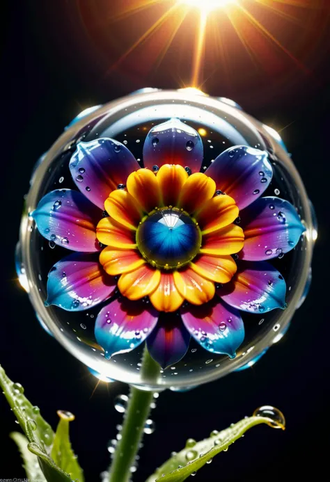 macro photo, AWESOME sparkling magical fantasy cosmic glass flower, dewdrop, Heavenly, beautiful, ultra detailed, ultimate details, amazing details, super sharp details, masterful, (masterpiece:1.2), intricate details, best quality, high quality, rich vibrant vivid colors, ultra high res, cinematic still, 4k, 8k uhd, extremely intricate, extremely detailed, amazing, fine detail, high resolution, perfect, wonderful, ultrarealistic, photorealistic glowing, shine, shiny