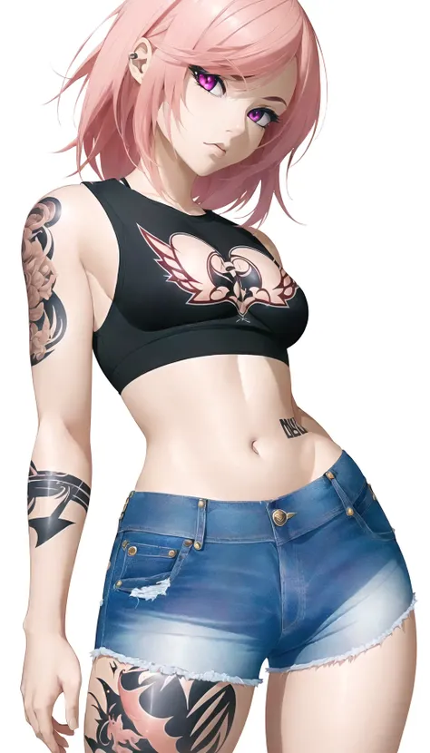 1girl, full body, (small breasts:1.5), wide hips, thick thighs, punk bad girl, axolotl girl, official art,vivid color,finely detailed,hyper detailed, 8k ,high resolution illustration,Masterpiece,best quality,intricate_detail, (muscular legs:0.5), denim shorts, tattoos, crop top,