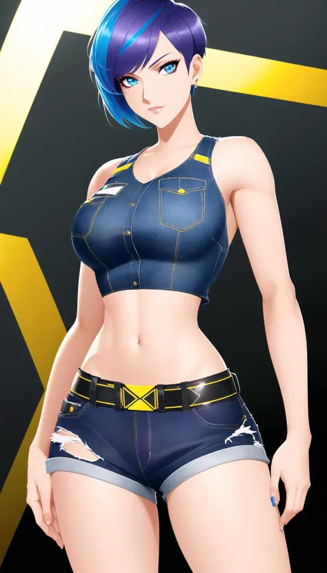 absurdres, 1girl, full body, mechanic in a sci-fi mecha hanger, crop top, denim shorts, short hair, pixie cut, official art, vivid color, finely detailed, hyper detailed, 8k, high resolution illustration, Masterpiece, best quality, intricate_detail