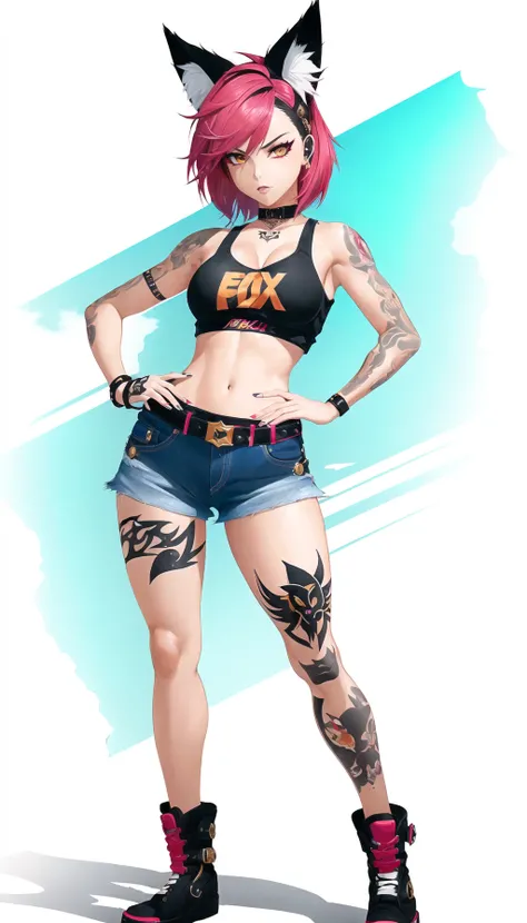 1girl, full body, (small breasts:1.5), wide hips, thick thighs, punk bad girl, fox ears, official art,vivid color,finely detailed,hyper detailed, 8k ,high resolution illustration,Masterpiece,best quality,intricate_detail, (muscular legs:0.5), denim shorts, tattoos, crop top,