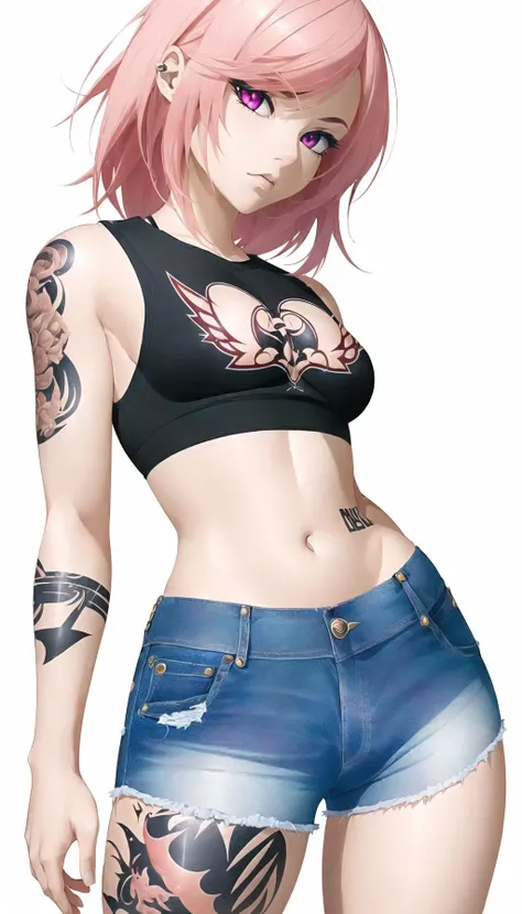 1girl, full body, (small breasts:1.5), wide hips, thick thighs, punk bad girl, axolotl girl, official art,vivid color,finely detailed,hyper detailed, 8k ,high resolution illustration,Masterpiece,best quality,intricate_detail, (muscular legs:0.5), denim shorts, tattoos, crop top,