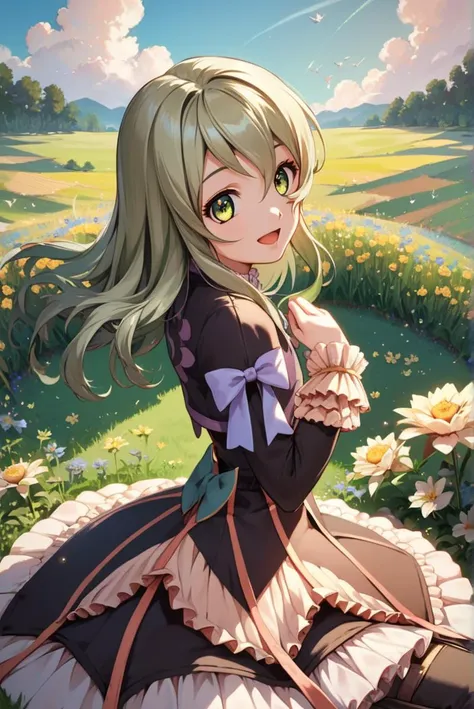 score_9, score_8_up, score_7_up, very aesthetic, source_anime, detailed, high quality, beautiful, masterpiece, detailed eyes,
outdoor, field of flowers,
<lora:lightXL:0.8>
sitting, looking at viewer, 
cowboy shot, upper body,
flat chest, teepo, creature,
smile, from behind, closed eyes, open mouth,
<lora:elizeX1_autismConfetti_v02:1>elize lutus, green hair, green eyes, long hair, dress, frills, ribbon, thigh boots, thighhighs,, zPDXL