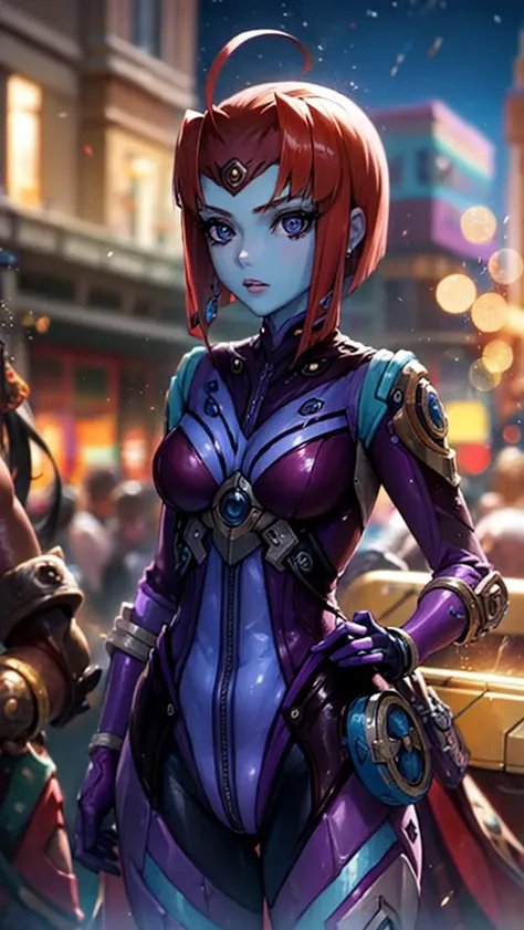 best quality, masterpiece, 1girl , <lora:spacebattleship_deitz-16:1> melda deitz, (blue skin:1.1), ahoge, red hair, purple bodysuit, spacesuit, spacecraft, <lora:detail_slider_v4:5> bokeh,