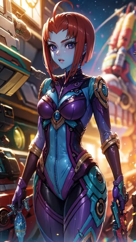 best quality, masterpiece, 1girl , <lora:spacebattleship_deitz-16:1> melda deitz, (blue skin:1.1), ahoge, red hair, purple bodysuit, spacesuit, spacecraft, <lora:detail_slider_v4:5> bokeh,